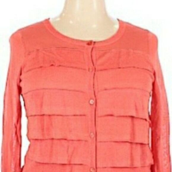 Talbots Cardigan Petite Plus Size 1XP Ruffle Knit Tiered Light Button Up Coral - Picture 4 of 10